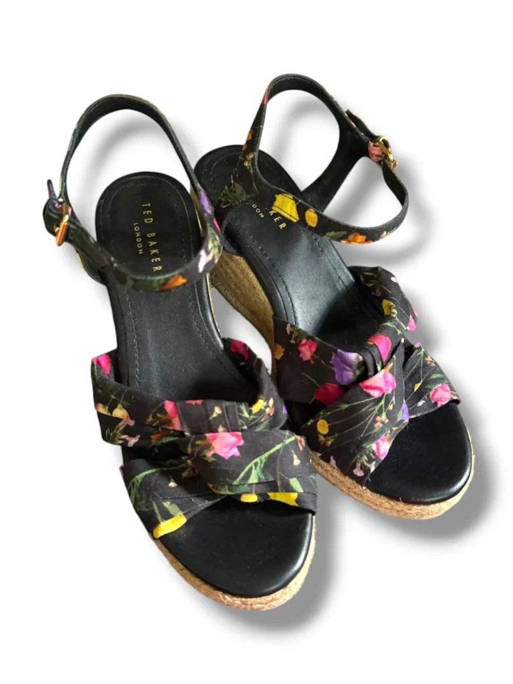 Ted Baker London Luxury Cardone Black Floral Espadrille Platform Wedge Heels 8.5
